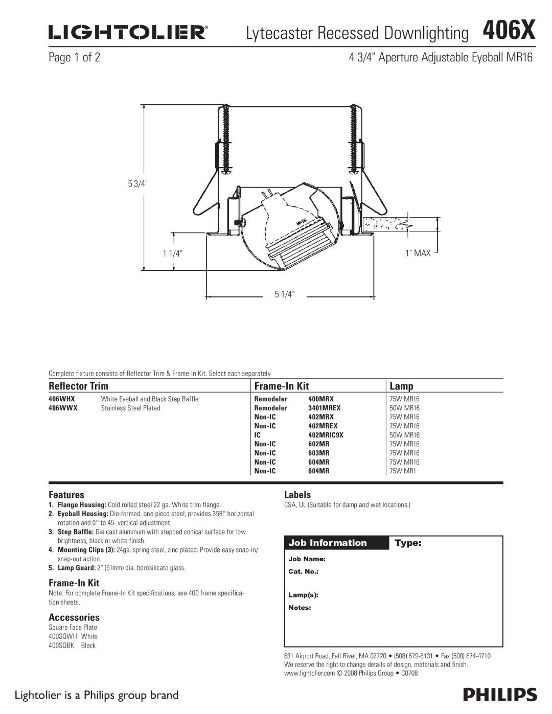 Lightolier 406X specifications Lytecaster Recessed Downlighting , Reflector Trim Frame-In Kit Lamp, Features, Labels 